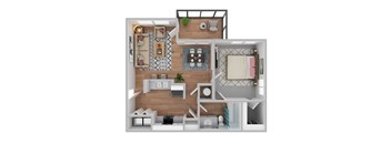 a stylized floor plan with a bedroom and living room