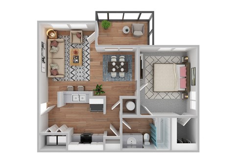 a stylized floor plan with a bedroom and living room