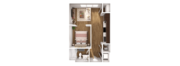 a 3d rendering of a bedroom with a wood floor