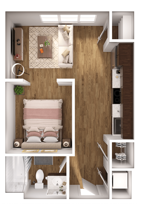 a 3d rendering of a bedroom with a wood floor