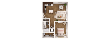 a 3d rendering of a bedroom with a bathroom and a living room