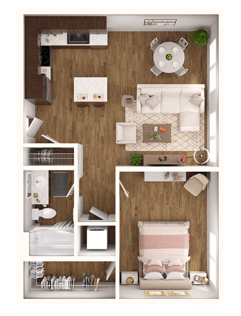 a 3d rendering of a bedroom with a bathroom and a living room