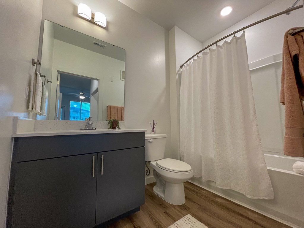 Apartments Near Downtown Greenville SC - Alston - Bathroom with a Shower/Tub, White Shower Curtain, Sink with Black Cabinetry, and a Mirror