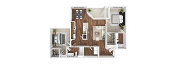 A top-down view of a house layout with a kitchen, living room, and bathroom.