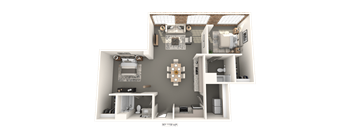 A 3D floor plan of a house with a living room, kitchen, and two bedrooms.
