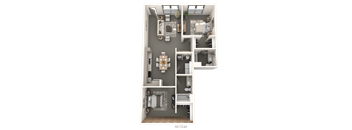 A floor plan of a small apartment with a kitchen, living room, and bathroom.