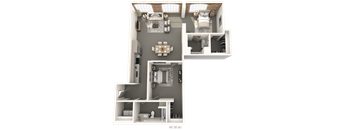 A 3D floor plan of a house with a living room, kitchen, and two bedrooms.