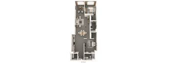 A floor plan of a house with a living room, two bedrooms, a kitchen, and a bathroom.