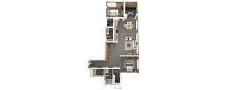 A floor plan of a house with a kitchen, living room, and two bedrooms.