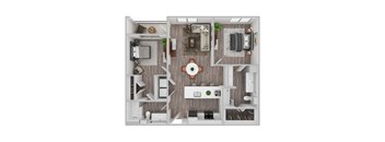 A top-down view of a modern apartment layout with a central dining area, living room, kitchen, and bedroom.
