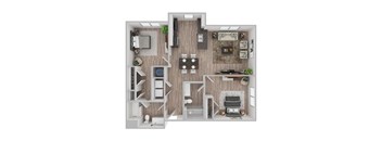 A top-down view of a modern apartment layout with a kitchen, living room, and bedroom.