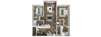 a 3d floor plan of a bedroom with a bathroom and a living room