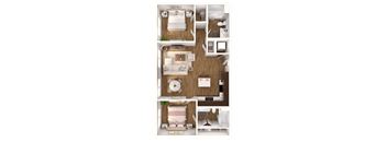 a 3d rendering of a bedroom with a bathroom and a living room