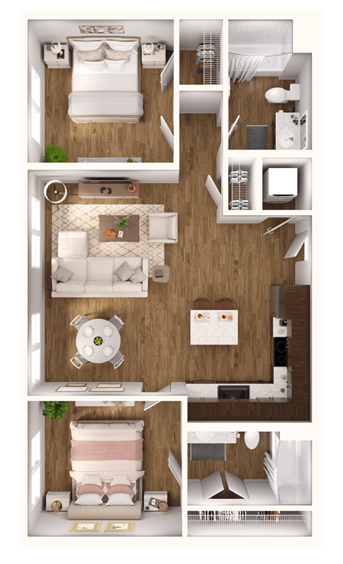 a 3d rendering of a bedroom with a bathroom and a living room