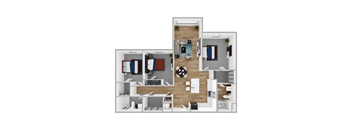A top-down view of a modern apartment layout with a kitchen, living room, and bedrooms.