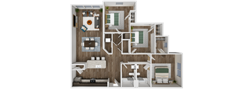 a 3d rendering of a furnished floor plan with a bedroom and living room