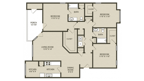 a floor plan of an apartment with two bedrooms and two baths