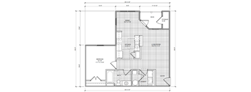 A floor plan of a house with a bedroom, living room, kitchen, and laundry area.