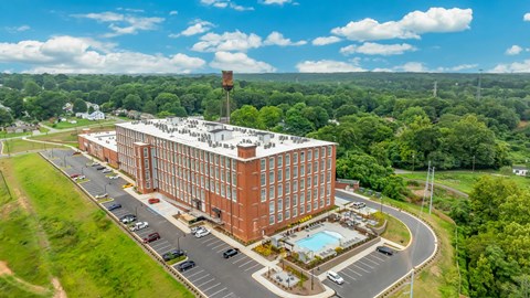 Aerial View of Converse Mill Lofts Apartments in Spartanburg SC, facing the pool