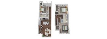 A floor plan of a two-bedroom apartment with a living room, kitchen, and bathroom.