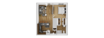 A top-down view of a living room with a couch, coffee table, and kitchen area.