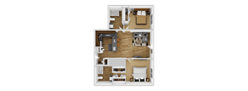 A 3D floor plan of a small apartment with two bedrooms and a living area.