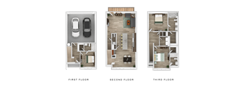 Three images showing the layout of the first, second, and third floors of a house.
