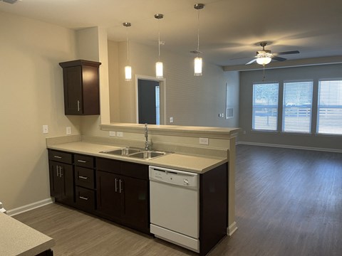 A modern kitchen with dark brown cabinets and a white dishwasher.