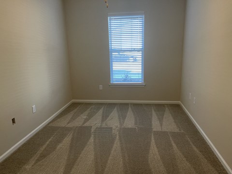 A room with a carpet and a window.
