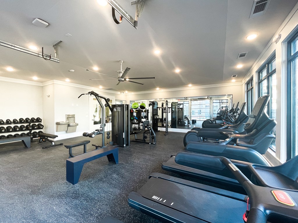 Anderson, SC Luxury Apartments - Falls at Meehan - State-of-the-Art Wellness Center With Peloton Bike, Cardio & Weight Machines, Large Windows, Water Station, Full-Body Mirrors, Ceiling Fans, Workout Bench, And Dumbells