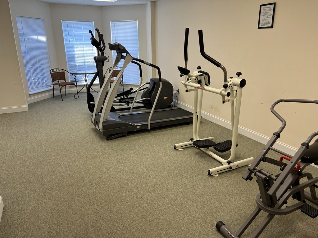 A gym with treadmills, elliptical machines, and a chair.
