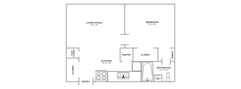 A floor plan of a small apartment with a living room, kitchen, bathroom, and two closets.
