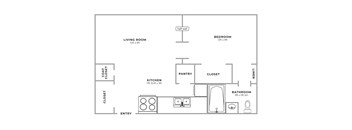 A floor plan of a small apartment with a living room, kitchen, bathroom, and bedroom.