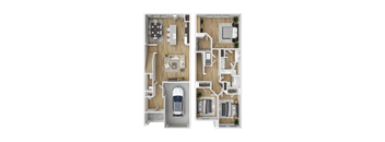 A floor plan of a two-story house with a garage and a car.
