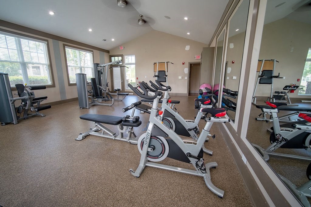a gym with a lot of exercise equipment in it