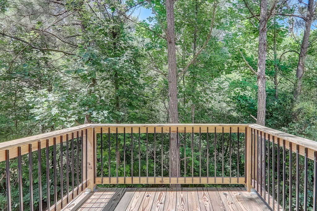 the deck has a view of the trees and the woods
