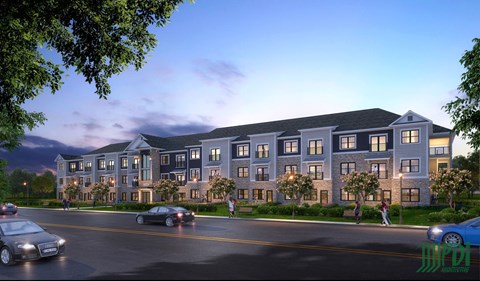 A modern apartment building is depicted with cars parked in front and people walking on the sidewalk.