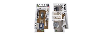 Two images of a house interior, one with a kitchen and the other with a living room.