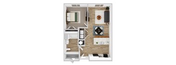 A top-down view of a small apartment with a bed, a couch, a table, and a kitchenette.
