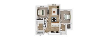 A top down view of a small apartment with a kitchen, living room, and bedroom.