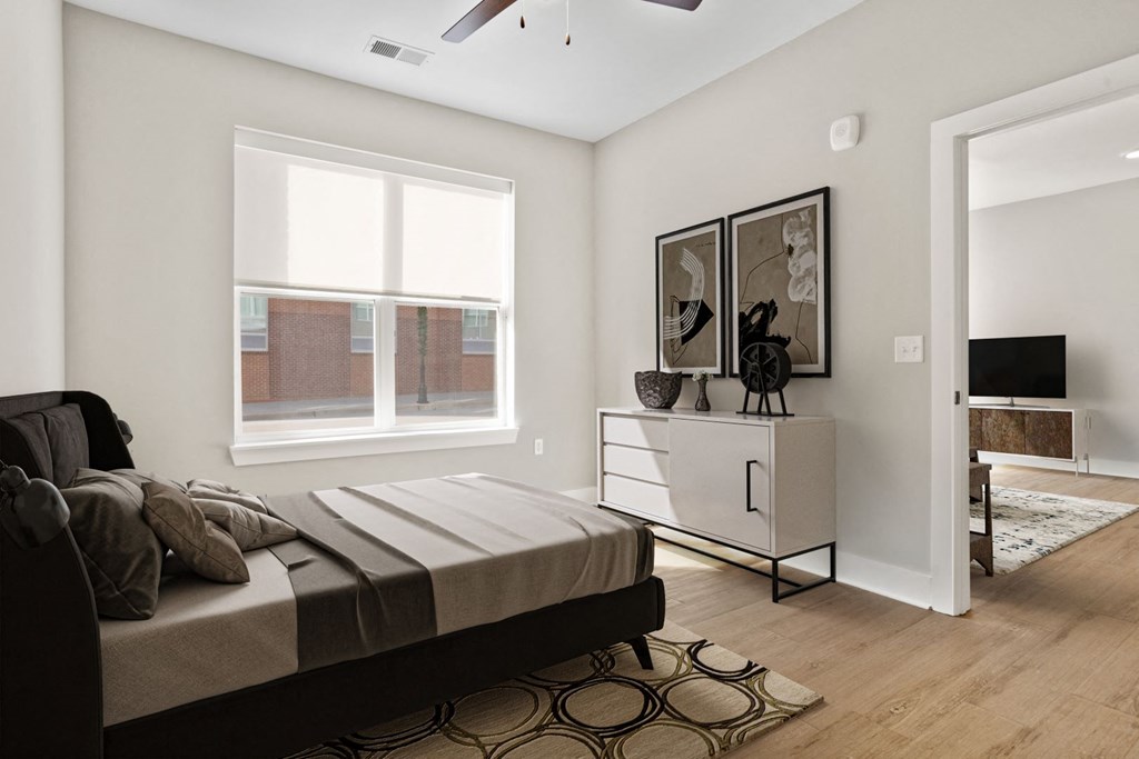 1-Bedroom Luxury Apartments in Greer, SC - Park View Greer - Bedroom Featuring Wood-Style Flooring and a Ceiling Fan