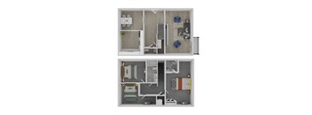 A top-down view of a small apartment with a bedroom, living room, and kitchen.