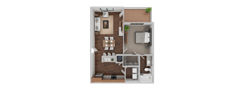 A top-down view of a small apartment layout with a kitchen, living room, and bedroom.
