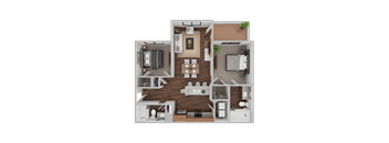 A 3D floor plan of a house showing a living room, kitchen, dining area, and bedrooms.