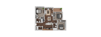 A detailed 3D floor plan of a two-bedroom apartment.