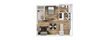 A top-down view of a modern apartment layout with a living room, kitchen, and bedroom.