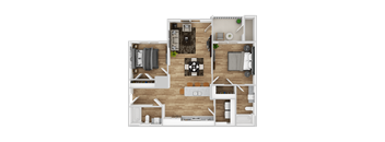 A top-down view of a house layout with a living room, kitchen, and two bedrooms.