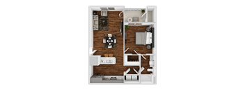 A top-down view of a modern apartment layout with a kitchen, living room, and bedroom.