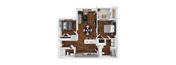 A 3D floor plan of a house with a kitchen, living room, and two bedrooms.