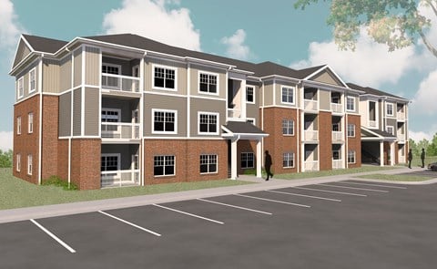 a rendering of a three story apartment building in a parking lot